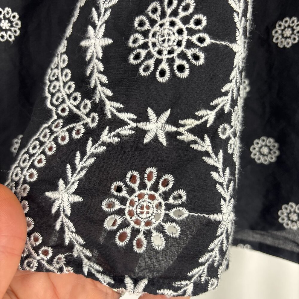 LOFT Black Embroidered Puff Sleeve Top Women's Size Large Boho Cottagecore - Picture 5 of 15